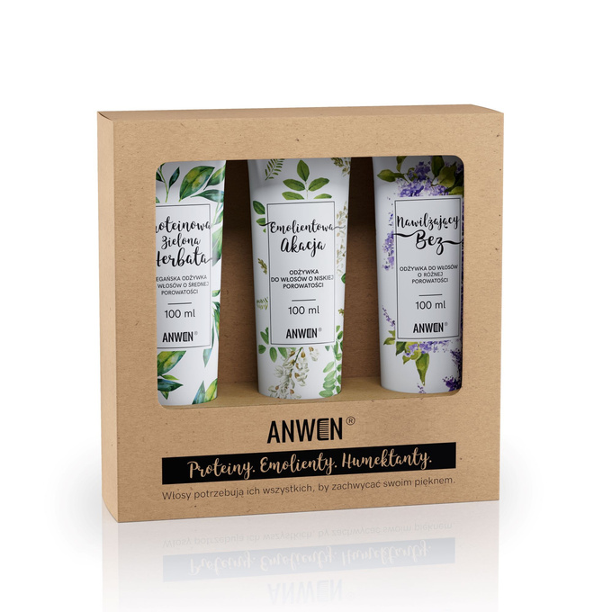 Anwen Odżywki do włosów o niskiej porowatości zestaw Proteinowa Zielona Herbata + Emolientowa Akcja 100 ml + Nawilżający Bez 100 ml, 100 ml