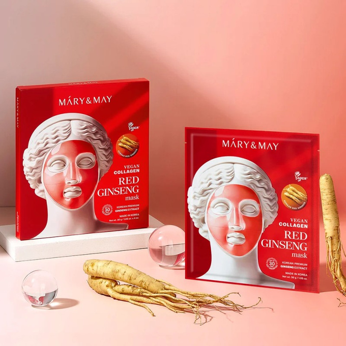 Mary&May Vegan Collagen Red Ginseng Mask Hydrożelowa maska na twarz, box 4 szt