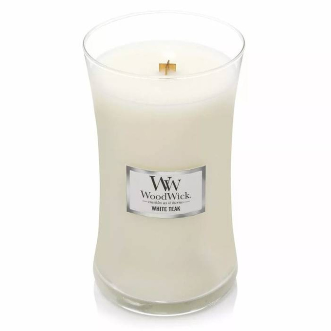 WoodWick Świeca duża White teak 600g