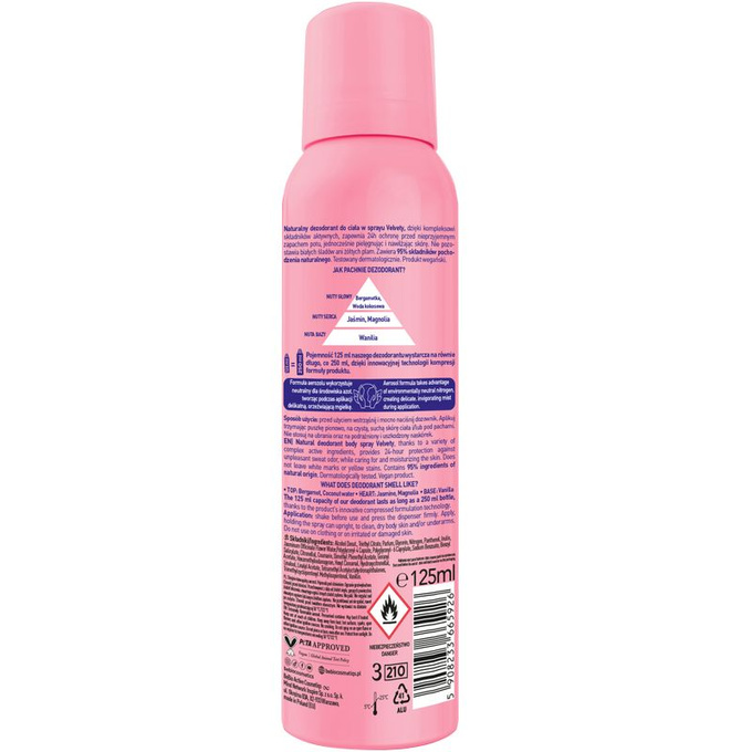 beBIO Naturalny dezodorant w sprayu Velvety, 125 ml