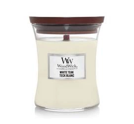 WoodWick Świeca mała White teak 85g