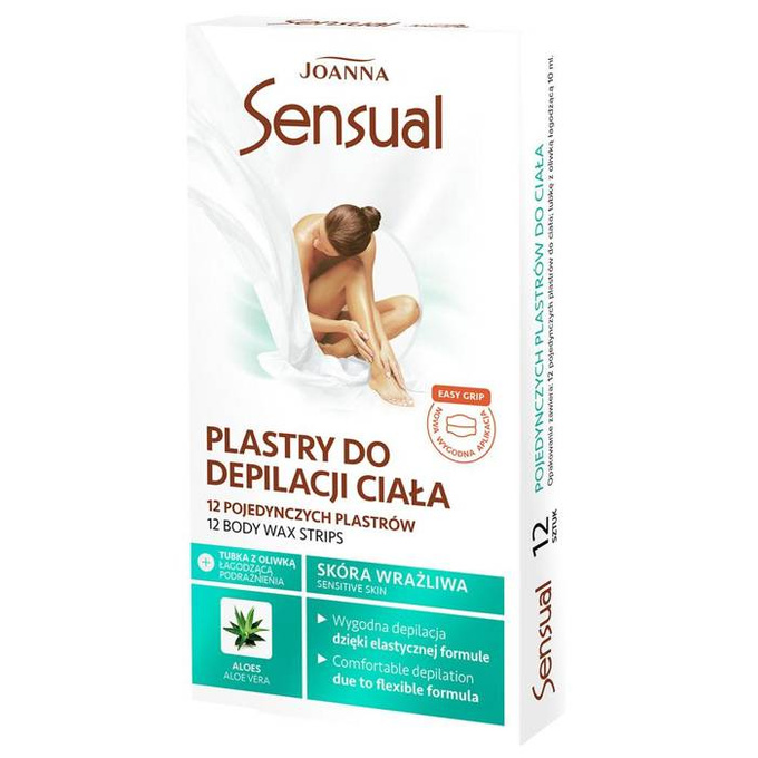 Sensual plastry do depilacji ciała Aloes 12szt + tubka z oliwką łagodzącą podrażnienia 10 ml