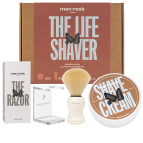 MenRock The Life Shaver Sandalwood zestaw krem do golenia 100ml + pędzel do golenia + stojak na pędzel + maszynka do golenia + ostrza maszynki do golenia